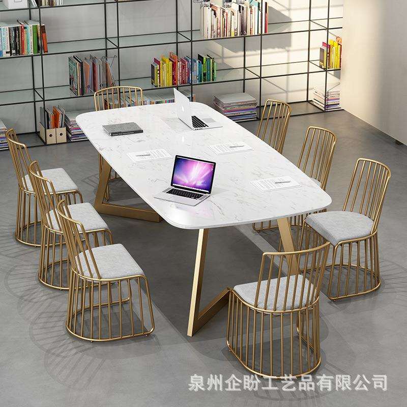 现代简约大理石会议桌 工作室多人洽谈桌椅组合 办公室铁艺电脑桌