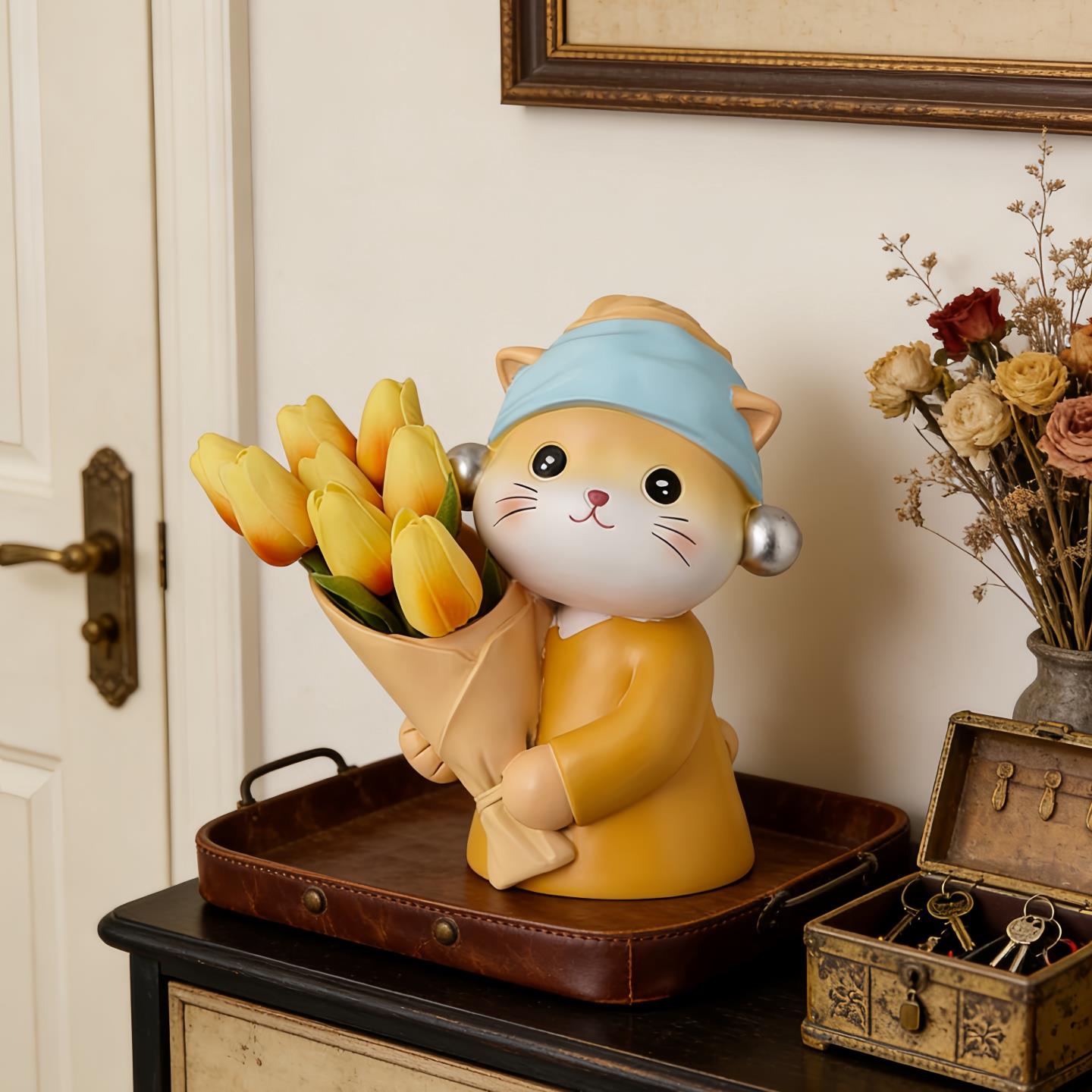 中古风珍珠猫花瓶摆件插花客厅创意玄关餐桌干花器装饰品女生礼物