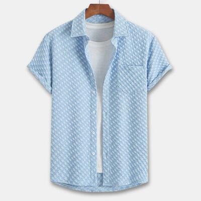 Shorts Shirt Casual Linen Cotton Mens Jacquard Textured