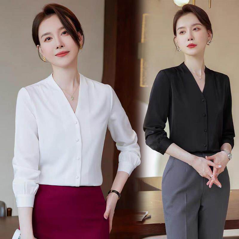 黑色领衬衫女春秋新款长袖雪纺上衣高端气质职业装西装内搭衬衣