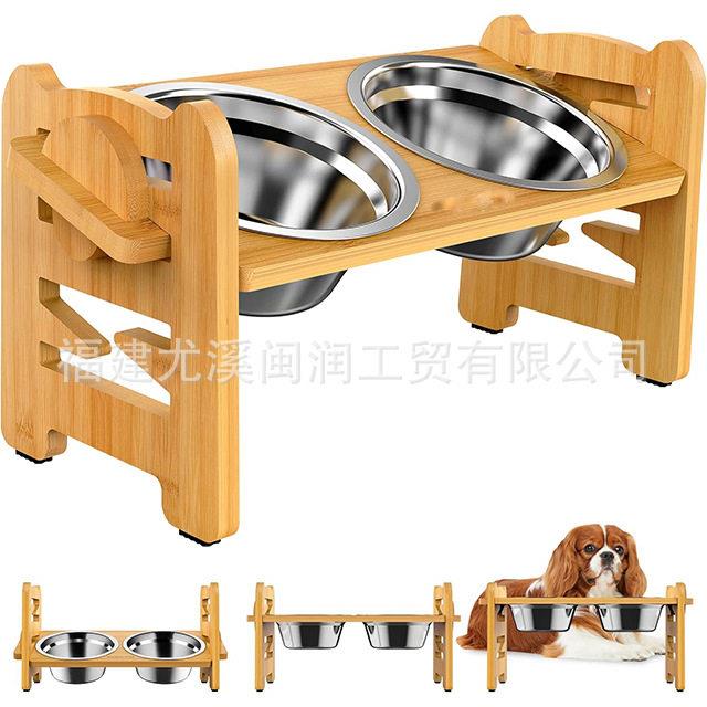 宠物用品竹木猫狗喂食架可调节度架子中小型犬狗盆架