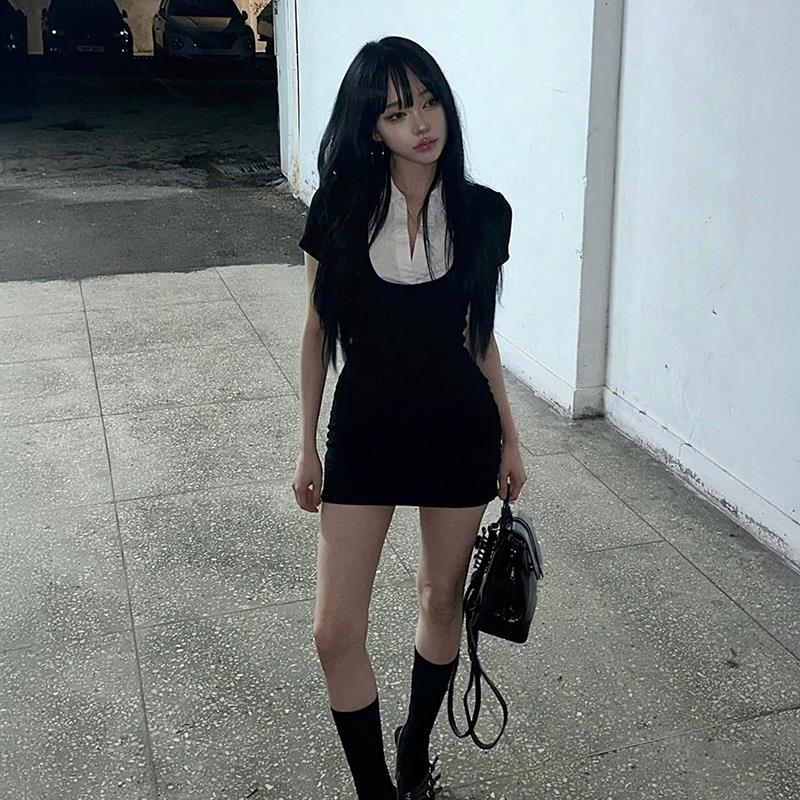 gagaopt学院风翻领短袖假俩件连衣裙纯欲修身显瘦包臀短裙女夏季