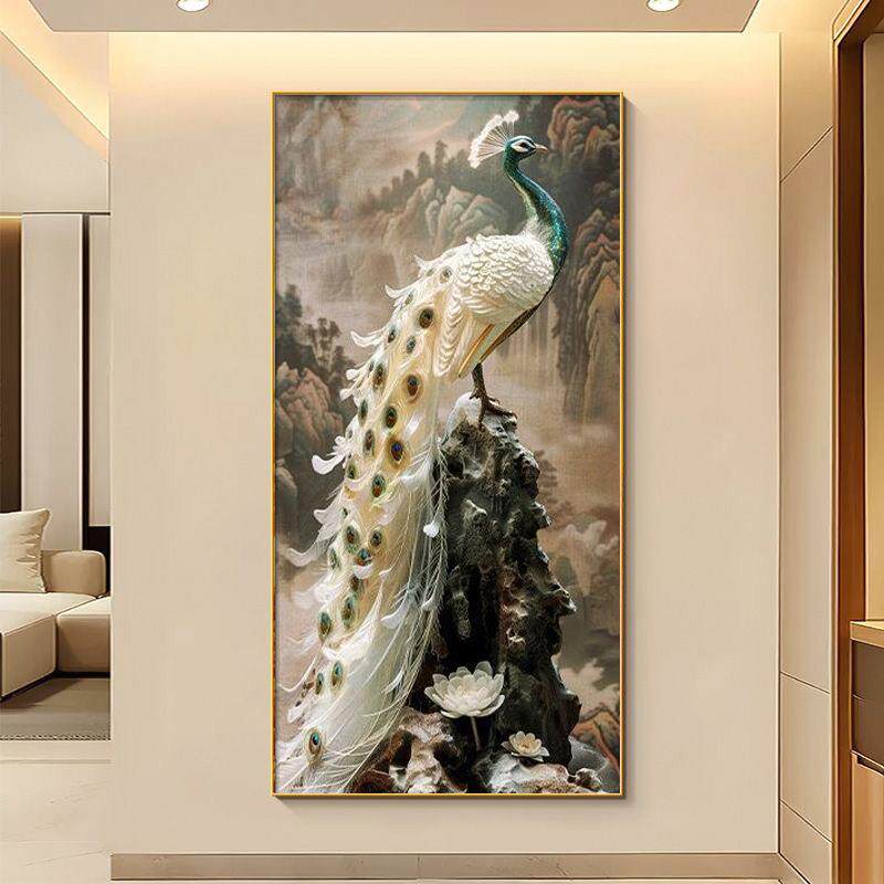 孔雀装饰画新中式寓意好玄关走廊过道挂画客厅入户门茶室竖版壁画