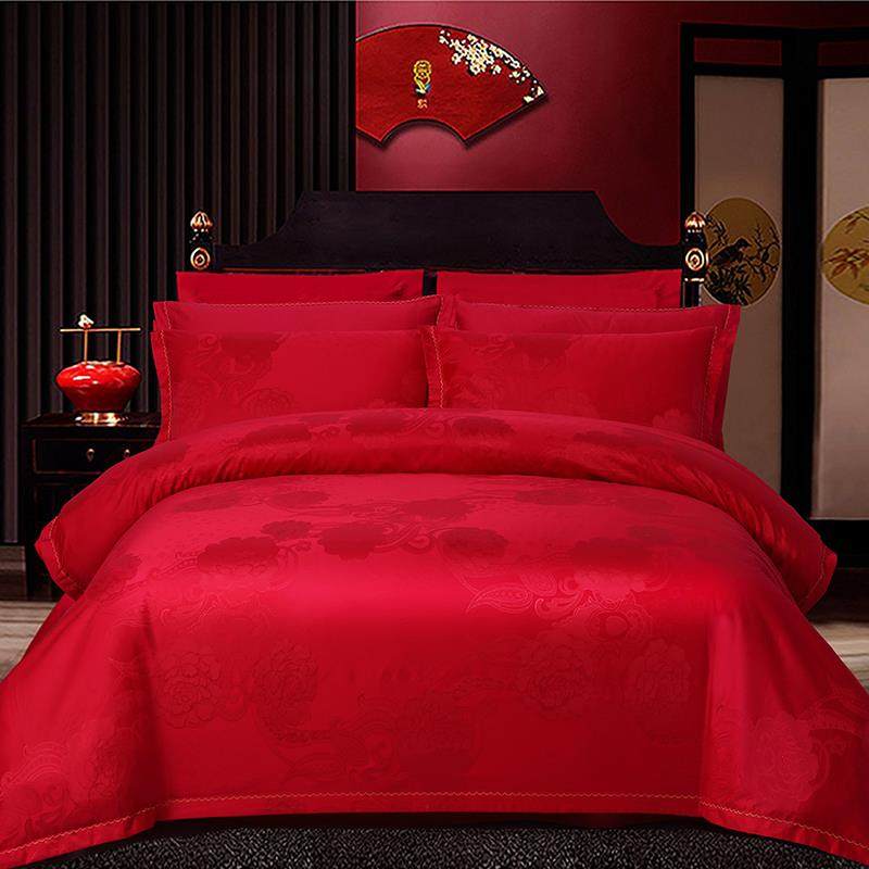 正品山东纺魏桥嘉嘉家全棉喜婚庆提花四件套婚200结根高档中式绣