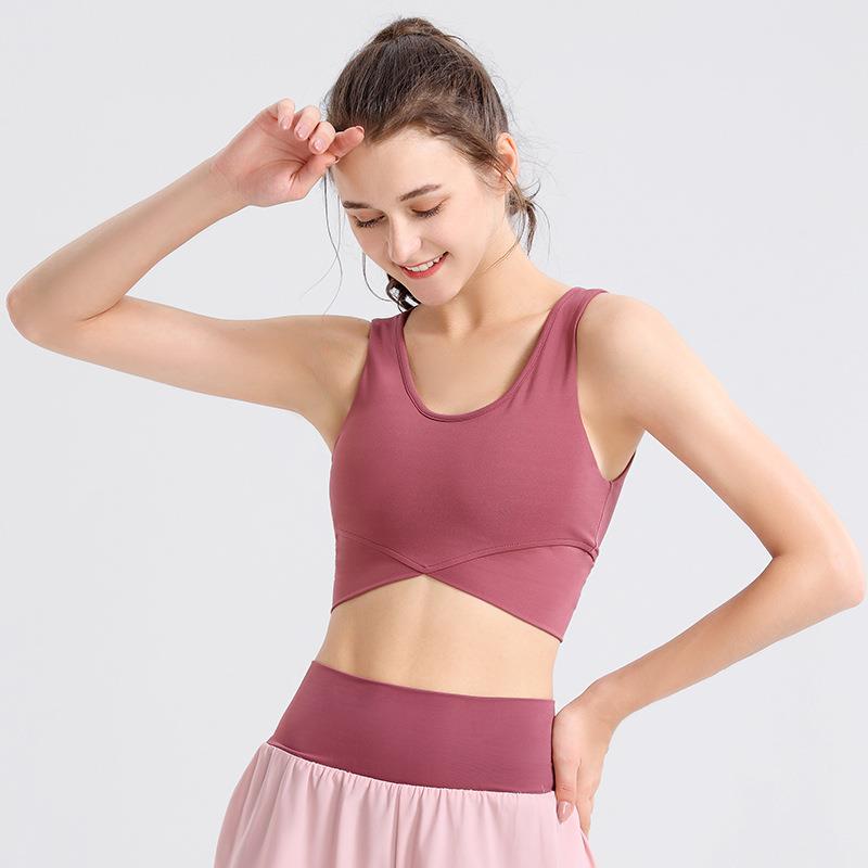 Sports bra nude cross back exposed navel gathered yoga wear