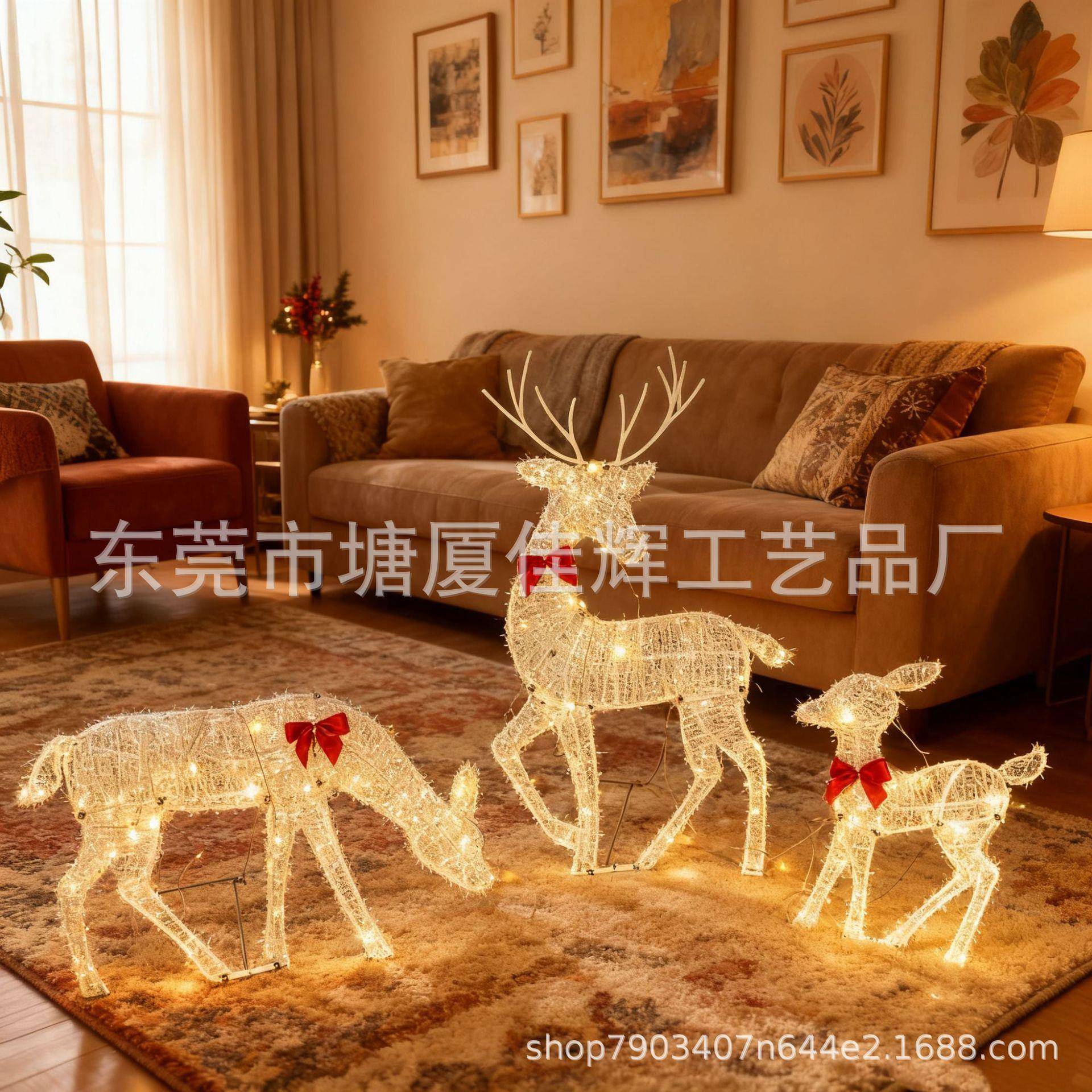 金属白线鹿三铁艺园圣诞发鹿光蝴蝶结花摆件艺圣诞节铁摆件麋鹿