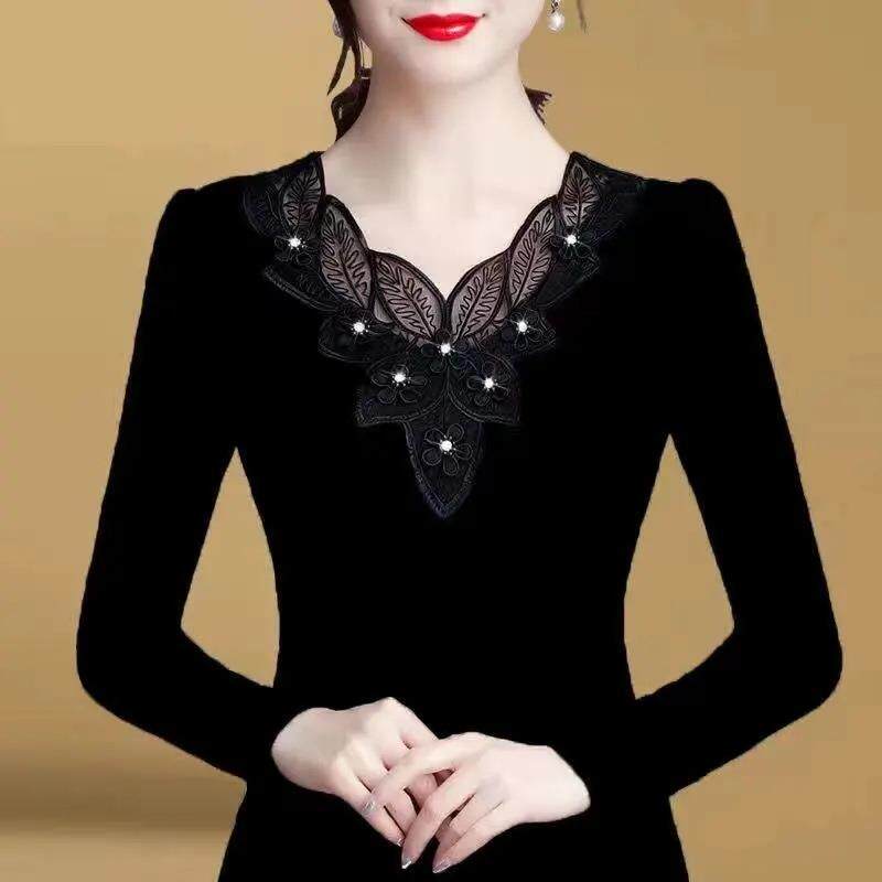 薄款修身打底衫2025秋冬新款韩版蕾丝网镶钻长袖T恤女学生上衣潮