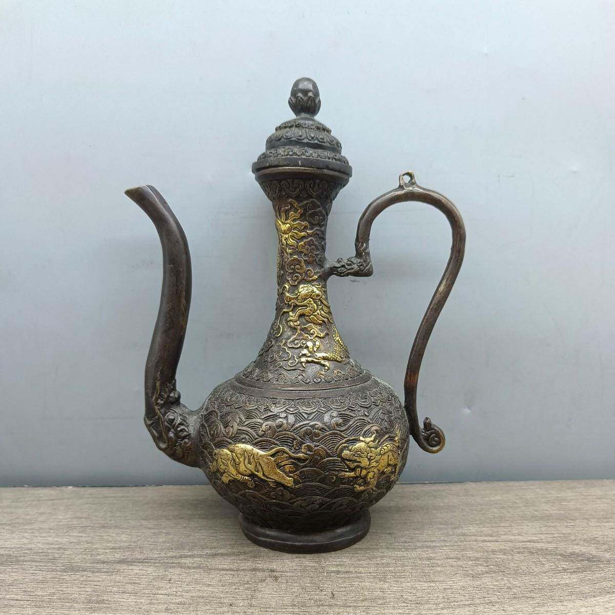 仿古铜福字龙把高把壶酒壶家居装饰工艺品古玩收藏茶壶八仙壶