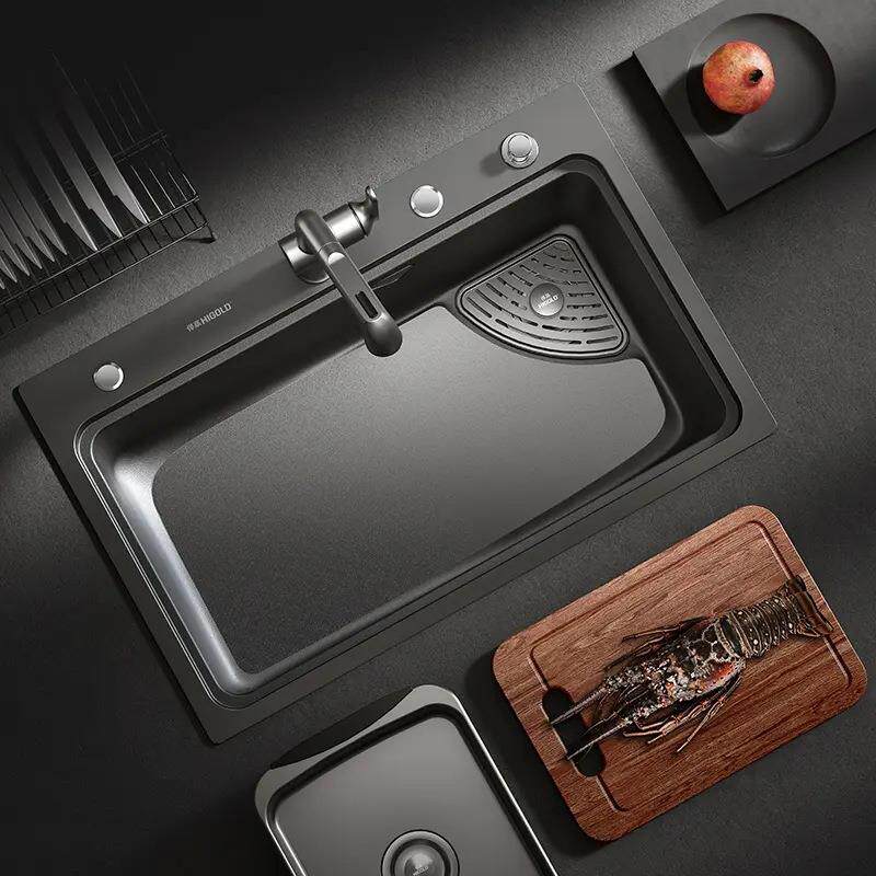 悍高厨房水槽套装灰色大单槽洗菜池洗碗盆台上下盆沥水篮案板