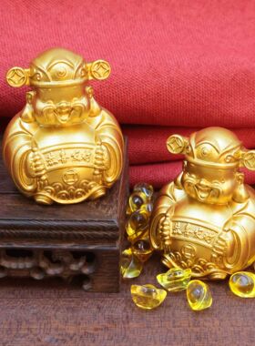 沙金实心黄铜笑脸财神爷桌面摆件沙金元宝财神工艺品礼品装饰品