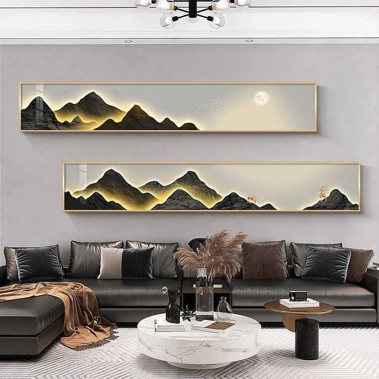 背有靠山客厅装饰画现代轻奢窄长条沙发背景墙挂画高档大气山水画