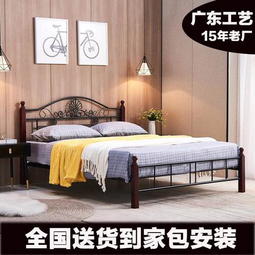 叠亿高端铁艺床钢木床加粗加厚铁架床双人单人床高度可调节简约风