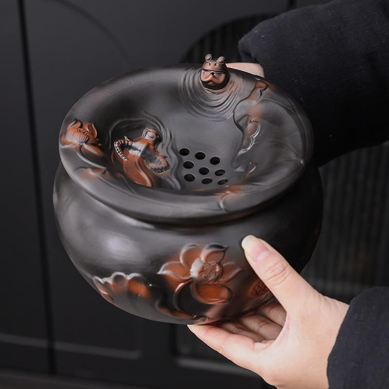 紫陶带盖茶渣缸陶瓷水盂茶洗茶渣分离废水缸茶桌家用摆件水缸过滤