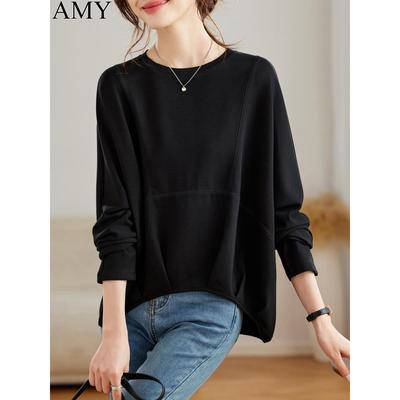 2025秋季新款基础款慵懒黑色T恤小众宽松洋气套头长袖圆领上衣女