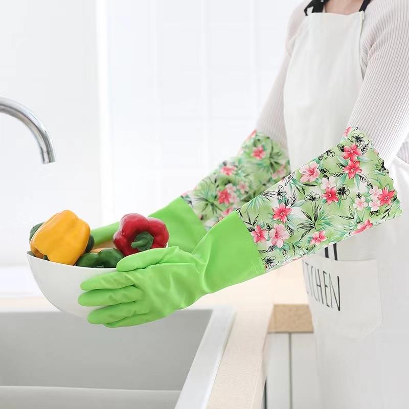 加厚加长植绒宽口手套厨房洗碗清洁洗衣家用干活防水橡胶加绒防滑