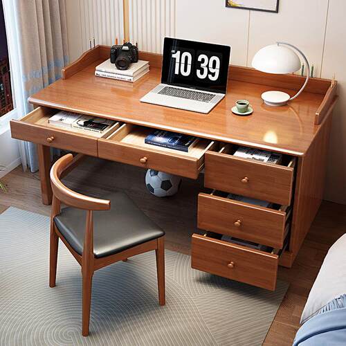 家用实木书桌学生书桌带书柜一体家用办公电脑桌卧室儿童学习桌