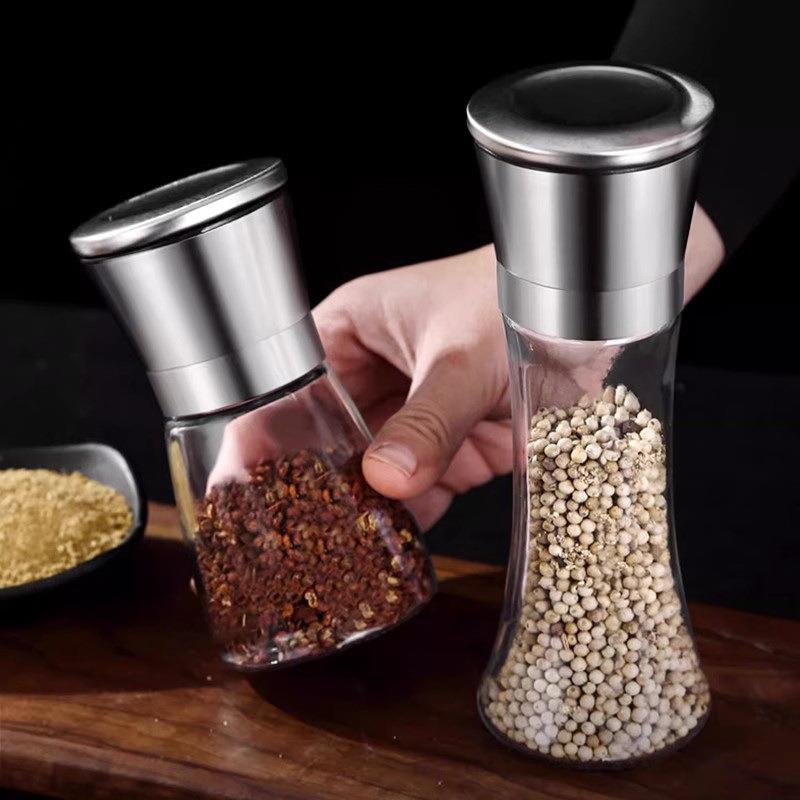 家用手动研磨器胡椒颗粒研磨瓶磨粉器玻璃调料瓶撒料瓶不锈钢可调