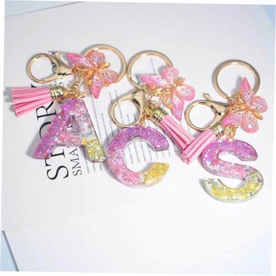 Cute Resin A-Z Initials Letter Keychain Pink Sparkle Butterf