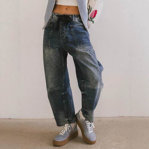 Optional leg revealing straight drawstring jeans