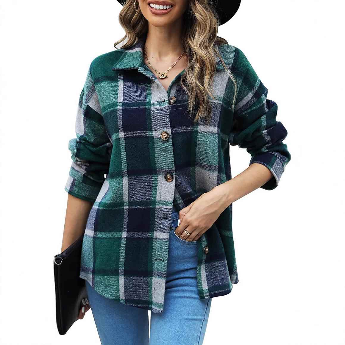 loose casual plaid coat long-sleeved Womens swallowtail