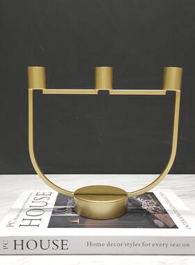 现代简约欧式轻奢金色几何烛台摆件样板房售楼处餐桌软装饰品摆设