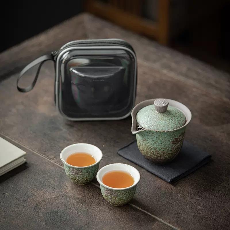 复古粗陶快客杯一壶两杯家用陶瓷便携茶具户外旅行茶具套装泡茶器
