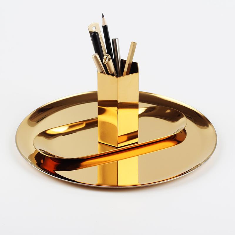 北欧 金色收纳盘 金属圆形托盘 彩虹色水果茶盘 饰品置物盘摆件