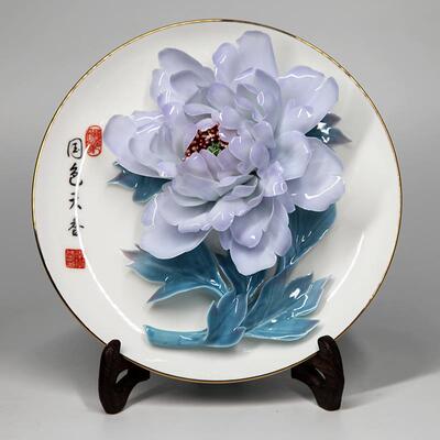 高档洛阳李武牡丹瓷盘摆件立体牡丹花饰纯手工陶学瓷挂工艺品家居