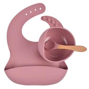 3Pcs Baby Silicone Bibs+Dinner Plate Bowl+Spoon Dishes Set