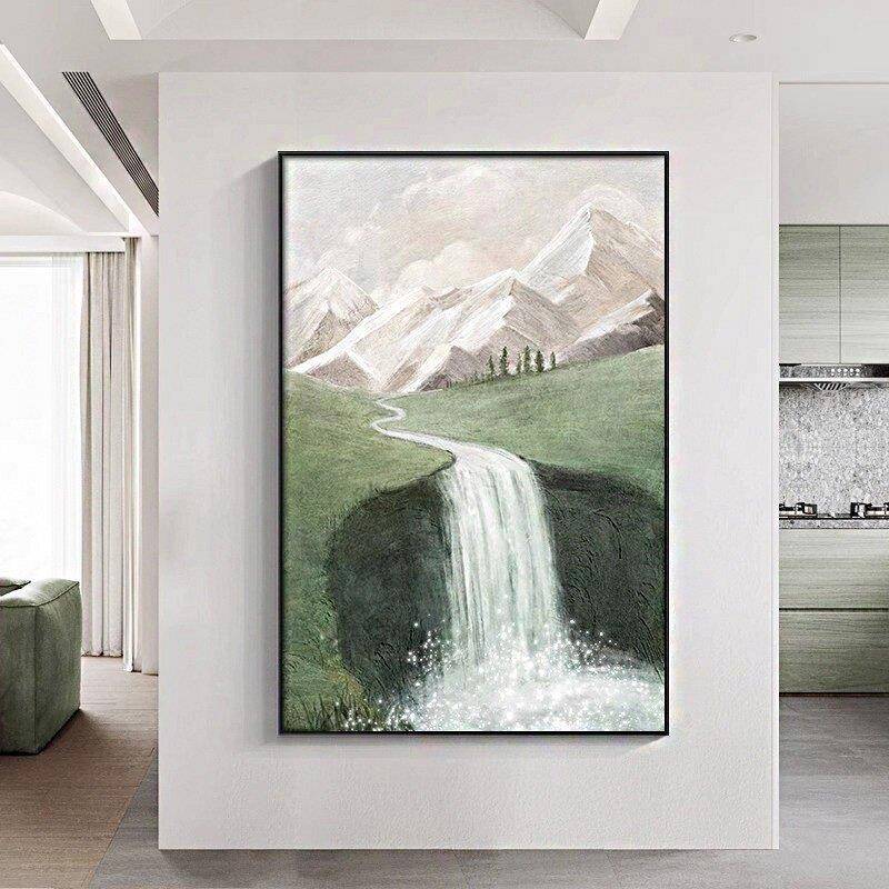流水生财挂画现代山水绿色瀑布画小众艺术壁画客厅风景装饰画