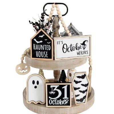6Pcs Cute Wooden Sign Ghost Bat Coffin Haunted House Ghost