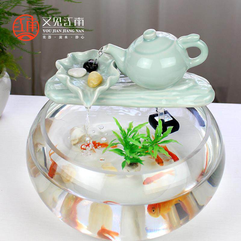 玻璃金鱼缸鱼盆循环增氧过滤鱼池造景净水陶瓷水壶流水器加湿摆件