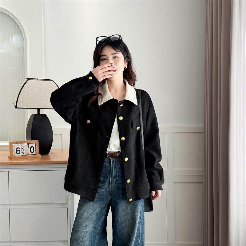 小香风外套女胖mm春装新款大码时尚拼色翻领宽松麂皮绒夹克衫