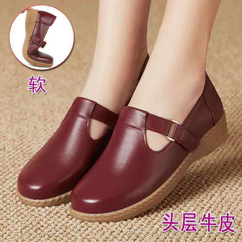 正品真皮软底妈妈春秋单鞋平底女皮丁舞魔字跳鞋鞋中老年术贴大尺