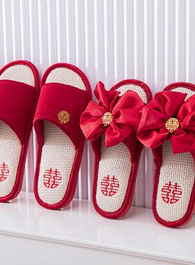 结婚拖鞋女夏季新婚情侣喜庆红色一对陪嫁伴娘绸缎红色结婚鞋子