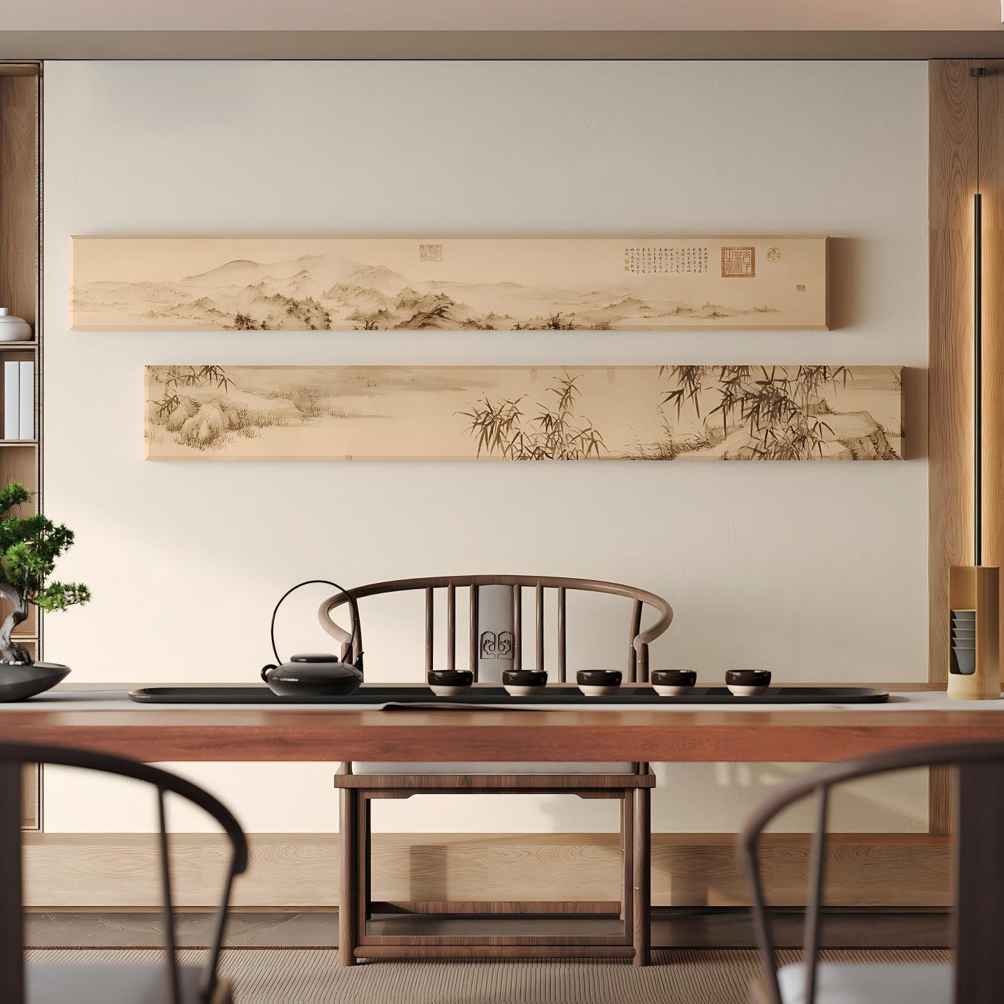 宋代美学山水画茶室装饰画植物花卉无框肌理布客厅装饰挂画