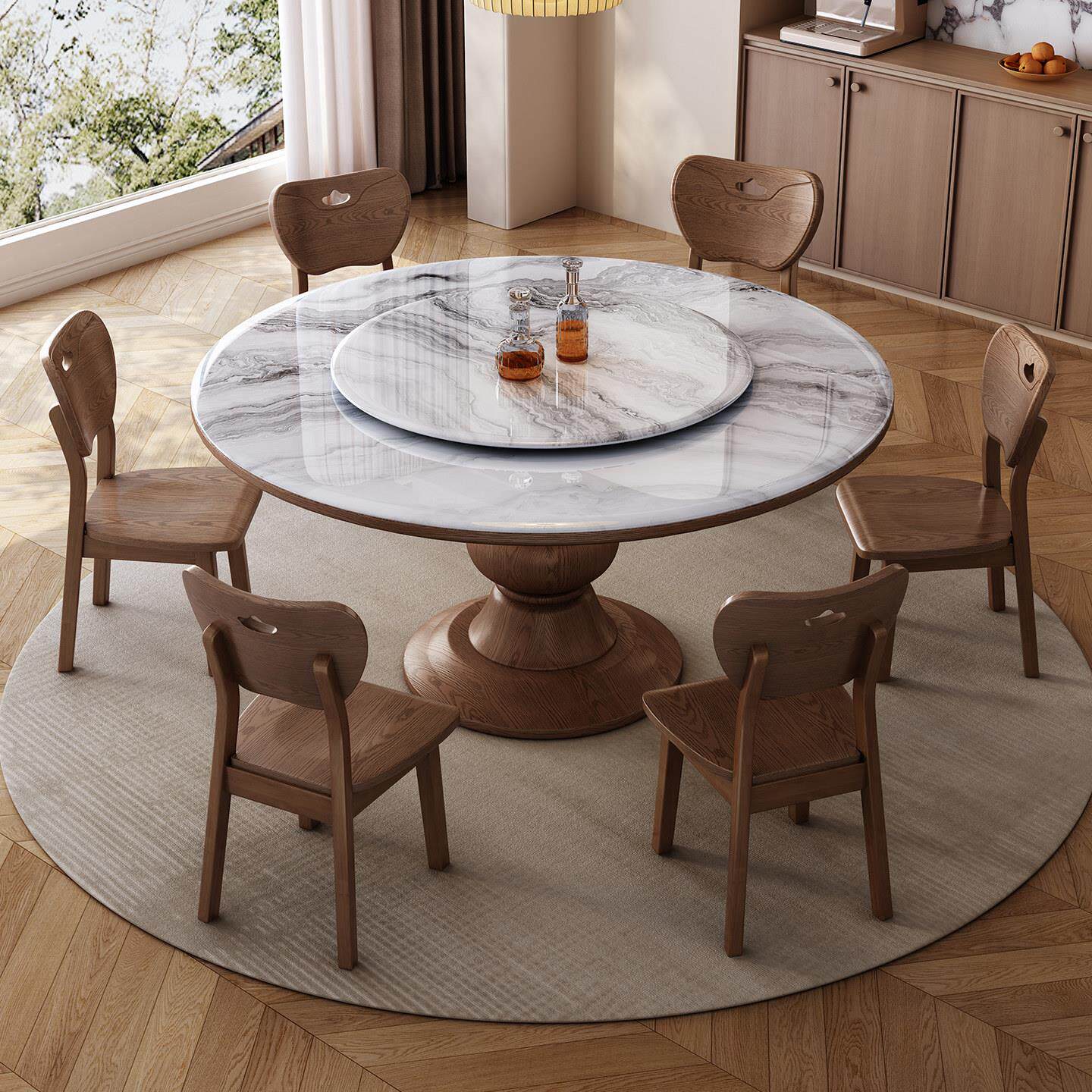 微晶石实木餐桌椅组奢石圆形合现代简约天然大理石家用带转盘圆桌