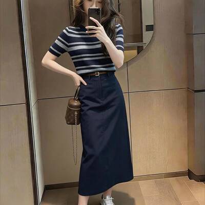 韩系穿搭一整套装女夏季洋气减龄显瘦条纹短袖上衣半身长裙两件套