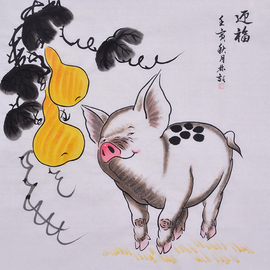 国画字画水墨写意，小猪纯手绘十二生肖装饰画，挂画招财进宝简约挂画