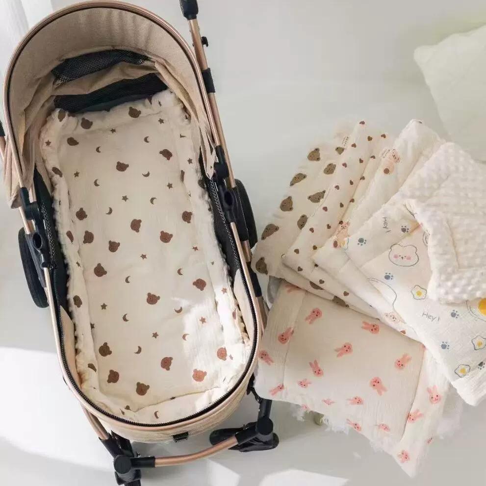 婴儿车垫子秋冬柔软加厚纯棉纱布豆豆绒四季款专用推车棉垫褥子