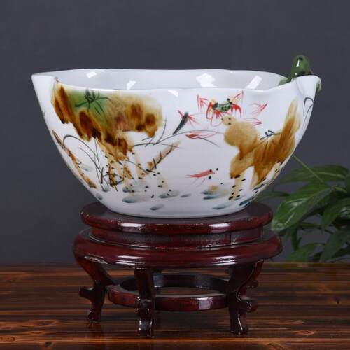 景德镇陶瓷鱼缸手绘窑变荷花陶瓷养鱼碗莲缸 创意桌面装饰品摆件