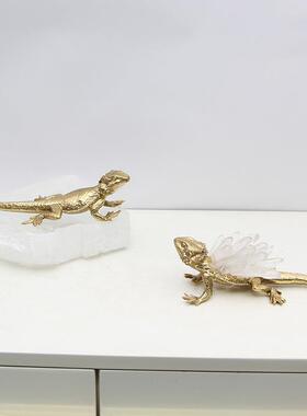 现代创意黄铜金色蜥蜴样板房客厅办公室装饰品桌面装饰水晶摆件