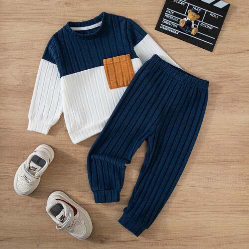 toddler boys knitted 2pcs sets outfit splicing color pocket