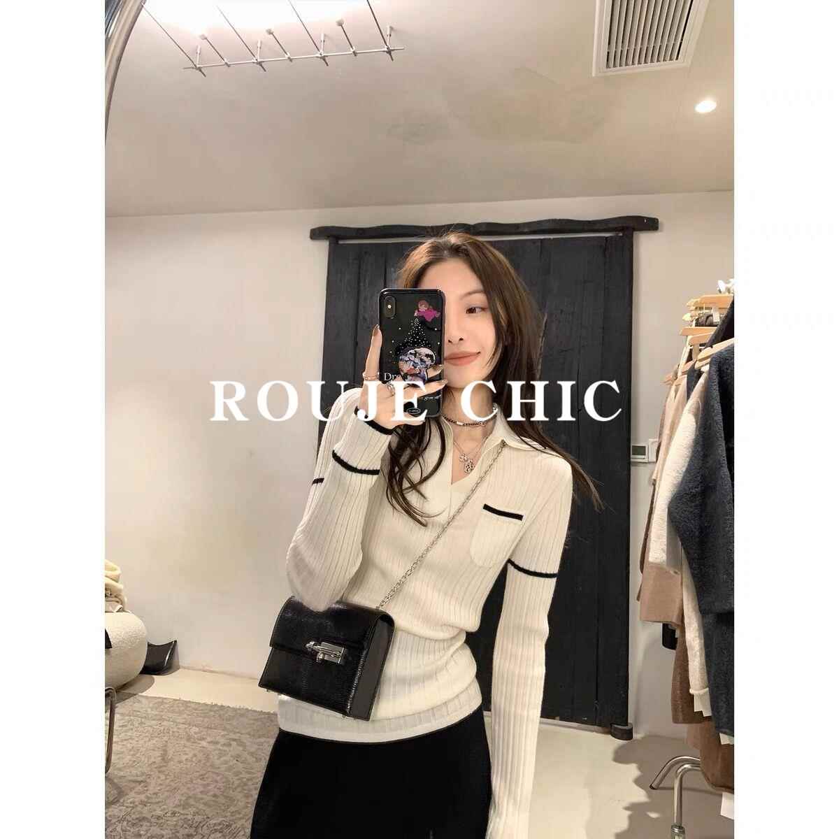 法国ROUJE CHIC法式复古风POLO领针织衫女洋气高级感时尚修身毛衣