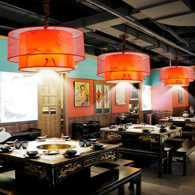 新中式国潮风网红羊皮吊灯火锅店大厅饭厅茶楼饭店餐饮装饰红灯笼