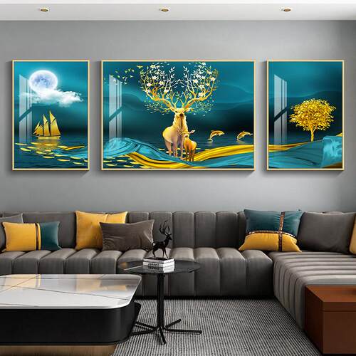 2024款现代轻奢客厅装饰画 画北欧沙发背景墙壁画 画大气三联画
