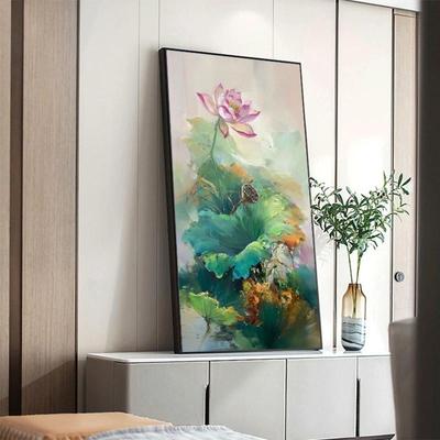 纯手绘荷花油画新中式入户玄关走廊尽头莲花壁画手工绘制花卉挂画