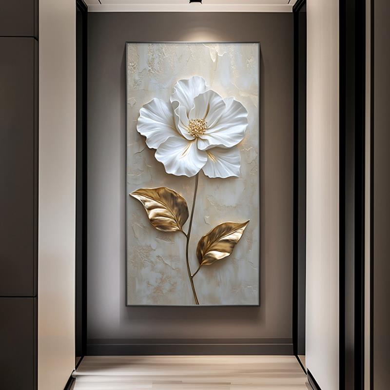 轻奢浮雕花卉玄关装饰画抽象立体感正对门挂画现代简约风过道壁画图片