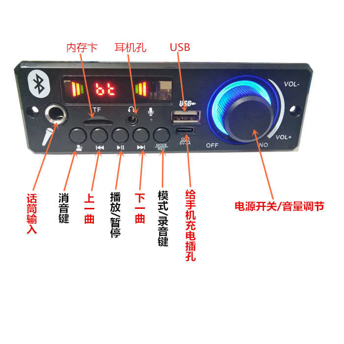 12V24V蓝牙解码板数字功放双声道文件夹免提通话卡拉OK消音功能