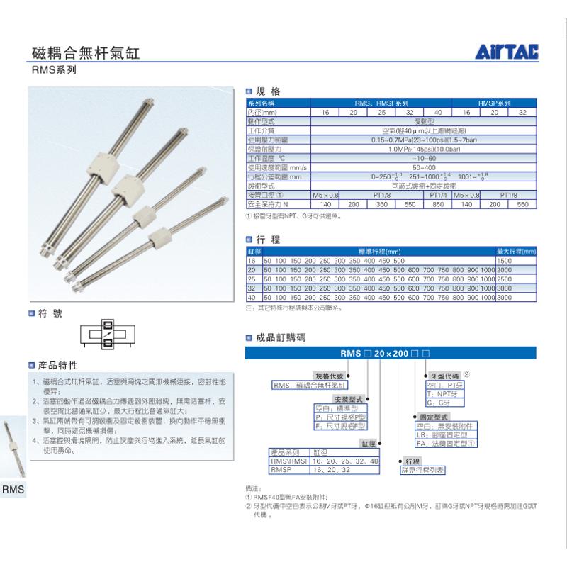 原装亚德客RMS磁藕式无杆气缸RMS20X100X200X500X1000-LB-FA